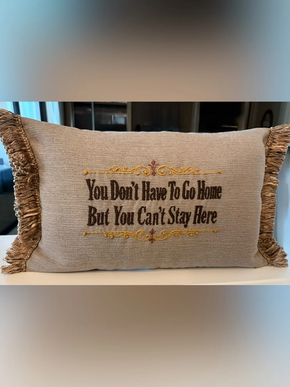Hand Embroidered neutral Accent Pillow - You don’t have to go home…. Funny